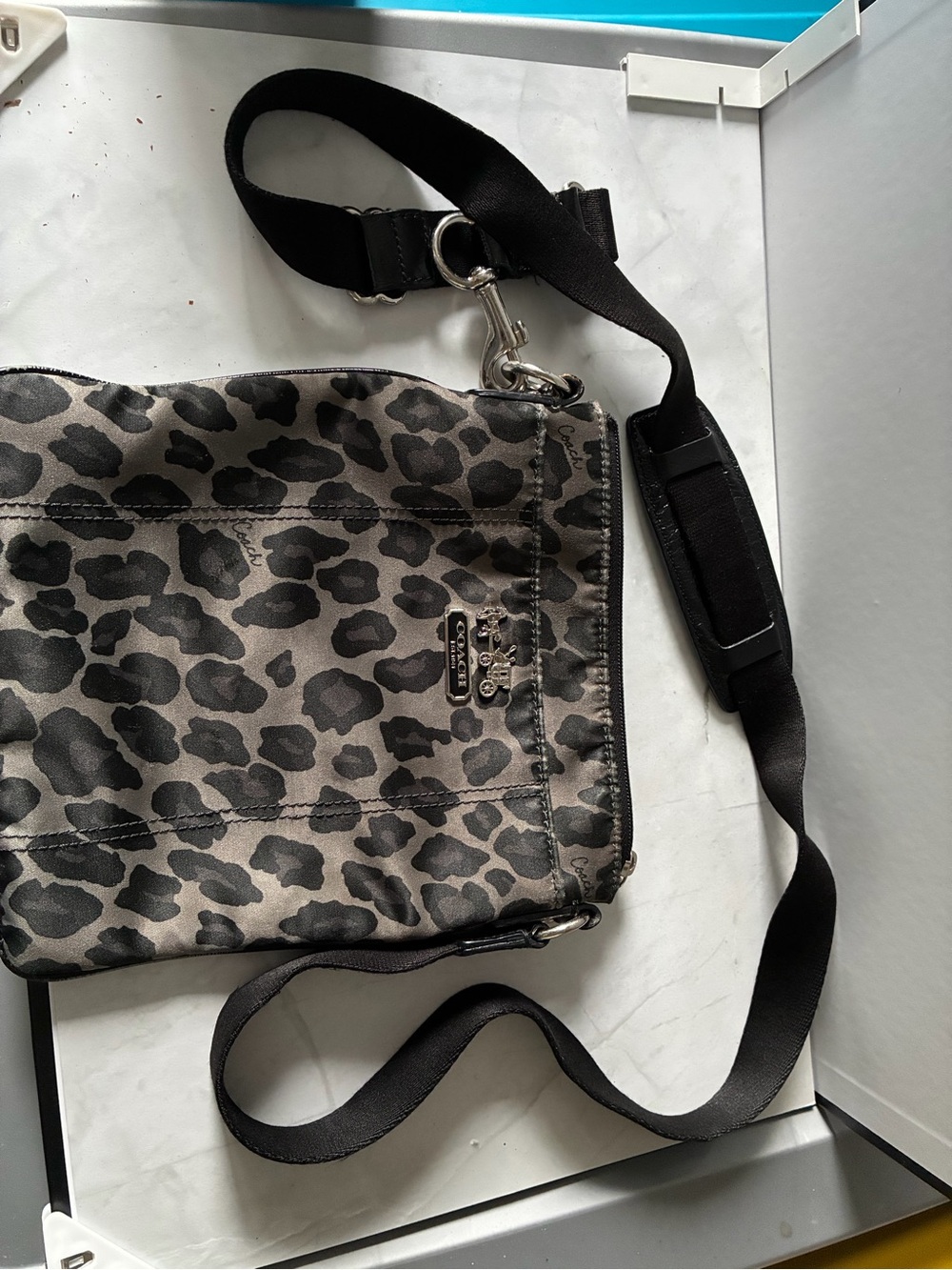 Coach Women’s Black and Gray Leopard-Print Messenger Bag